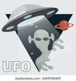 A flat illustration, an alien peeking out of the background in the form of a triangle, a UFO hovering above