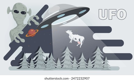 Flat illustration, an alien peeks out from behind a flying UFO over a forest 