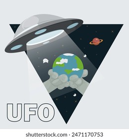 Flat illustration, the aliens palms are holding the earth, the background is in the form of a triangle, a UFO is hovering above