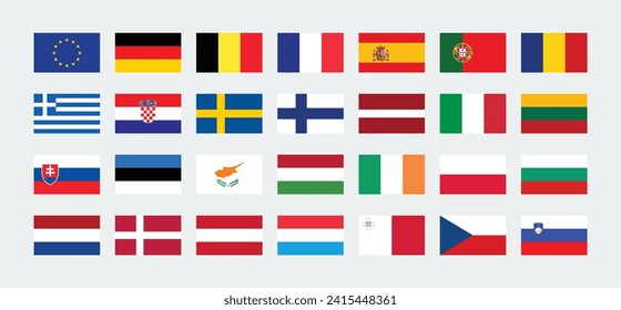 Flat illustration of All European Union country national flags. set of European Union country flags.  Austria, Belgium, Croatia, Denmark, Estonia, Finland, France, Germany, Greece, Hungary, Ireland