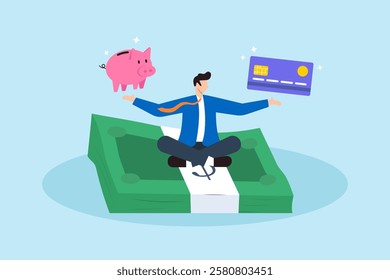 Flat illustration of ambitious man meditate on banknote with credit card and piggy bank symbolizing financial discipline and wealth building