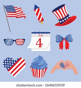 Flat illustration with America Independence Day elements including USA flag, Uncle Sam hat, and festive symbols for 4th July celebration