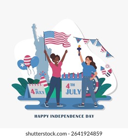 Flat Illustration of American Independence Day Celebration with Diverse Women and Statue of Liberty