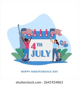 Flat Illustration of American Independence Day Celebration with Diverse Women and Statue of Liberty