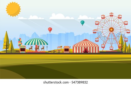 Flat illustration of amusement park at daytime illustration

