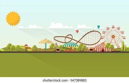 Flat illustration of amusement park at daytime illustration

