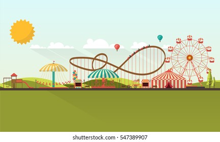 Flat illustration of amusement park at daytime illustration

