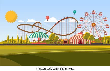 Flat illustration of amusement park at daytime illustration

