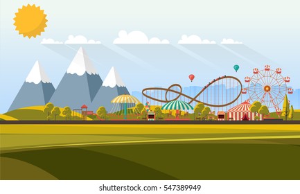 Flat illustration of amusement park at daytime illustration

