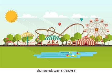 Flat illustration of amusement park at daytime illustration

