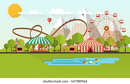 Flat Illustration Amusement Park Daytime Illustration Stock Vector ...