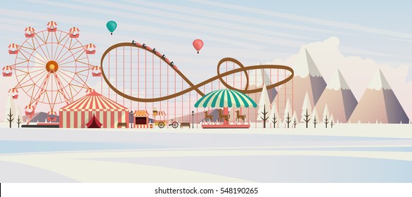 Flat illustration of amusement park at daytime in winter illustration
