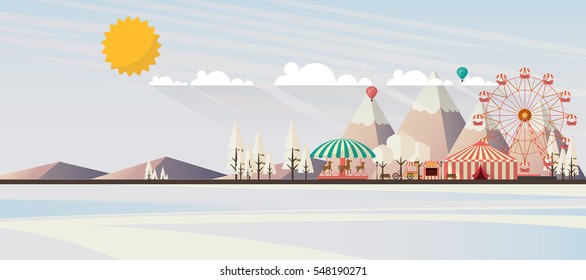 Flat illustration of amusement park at daytime in winter illustration
