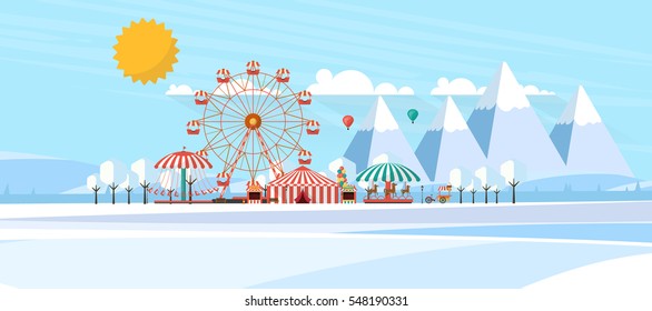 Flat illustration of amusement park at daytime in winter illustration
