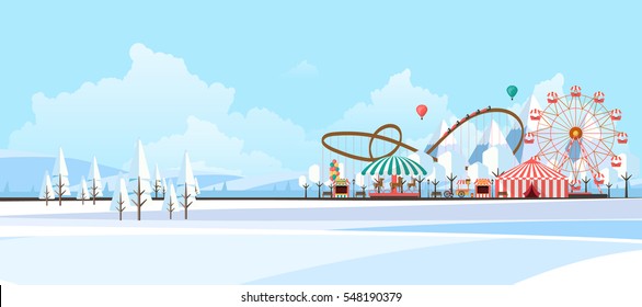 Flat illustration of amusement park at daytime in winter illustration
