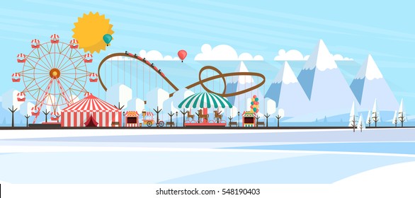 Ilustración plana del parque de atracciones durante el día en invierno ilustración
