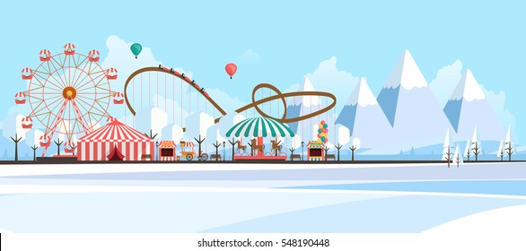 Flat illustration of amusement park at daytime in winter illustration
