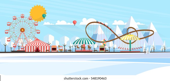 Flat illustration of amusement park at daytime in winter illustration
