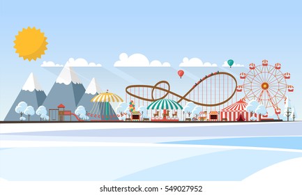 Flat illustration of amusement park at daytime in winter illustration

