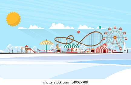 Flat illustration of amusement park at daytime in winter illustration

