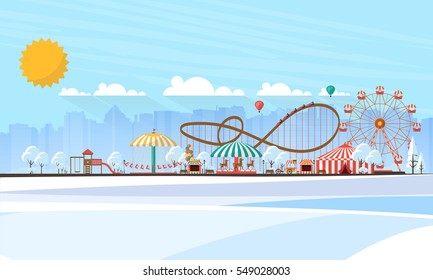 Flat illustration of amusement park at daytime in winter illustration

