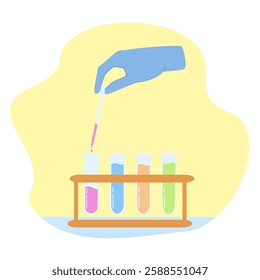 Flat illustration of an analyst holding a pipette and doing some research. Pipette dropper and test tube.