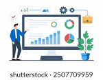 Flat illustration of analyst reviewing performance metrics on real-time project dashboard for efficiency