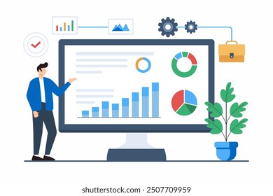 Ilustración plana del analista que revisa las métricas de rendimiento en el panel de control del proyecto en tiempo real para mayor eficiencia