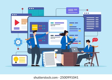 Flat illustration of analysts collaborating to solve technical dilemmas on computer screen