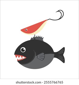 Flat illustration of an anglerfish with dark body, glowing lure, sharp teeth, compact shape, minimalistic design, clean background