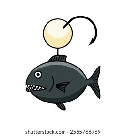 Flat illustration of an anglerfish with dark body, glowing lure, sharp teeth, compact shape, minimalistic design, clean background