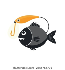 Flat illustration of an anglerfish with dark body, glowing lure, sharp teeth, compact shape, minimalistic design, clean background