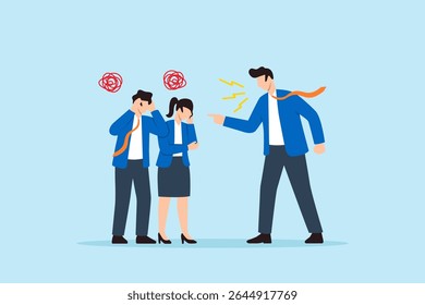 Flat illustration of angry boss shouting at stressed employees symbolizing toxic work environment pressure and workplace conflict