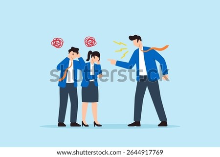 Flat illustration of angry boss shouting at stressed employees symbolizing toxic work environment pressure and workplace conflict