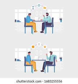 Flat illustration of angry and happy boss satisfied or not with employee. Business manager discusses work results with office worker - good and bad results.