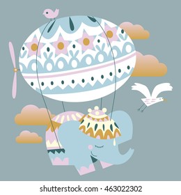 flat illustration of animals and balloons. Funny flying in the sky in the clouds. elephant