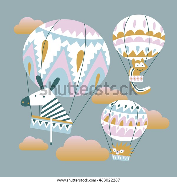 flat illustration of animals and balloons. Funny flying in the sky in the clouds. Zebra, chipmunk, hedgehog