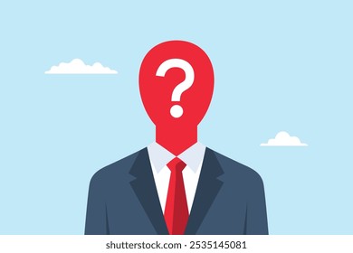 Flat illustration of anonymous businessman with question mark head symbolism of uncertainty about important unknown person