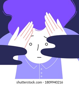 Flat illustration of an anxios person holding their head with their hands. Scared facial expression. Dark clouds on the front. Anxiety and panic disorder concept