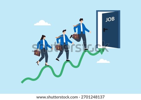 Flat illustration of applicants walking along fluctuating career graph toward open office door symbolizing job hunting journey employment opportunity market challenge and professional growth