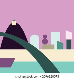 flat illustration art of the city of "Vila Velha" in Espirito Santo, Brazil, geometric design.