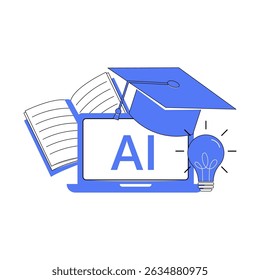 Ilustração plana da inteligência artificial na educação. Inclui laptop, tampa de formatura, livro e lâmpada. Ideal para e-learning e designs relacionados à tecnologia.