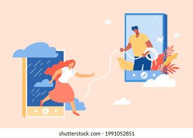 Flat illustration of assisting a friend on the phone. A male giving a female who feeling sad a rope as an escape from the bad mood on the video call