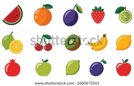 Flat illustration of assorted fruits arranged in a grid