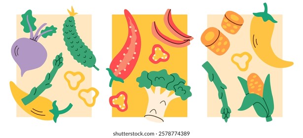 Flat illustration of assorted vegetables including beet, cucumber, chili, broccoli, asparagus, and corn, arranged in decorative cards, ideal for healthy eating, cooking projects, fresh food designs.