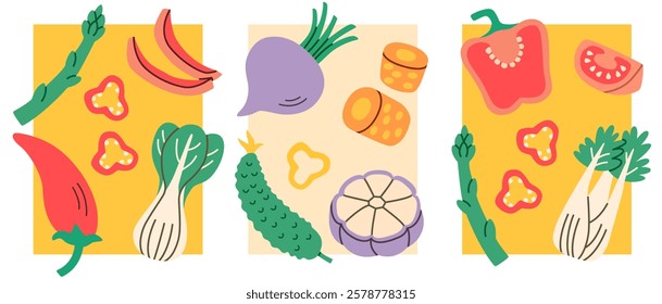 Flat illustration of assorted vegetables including chili, beet, cucumber, garlic, fennel, bell pepper, arranged in decorative cards, perfect for healthy eating, cooking projects, fresh food designs