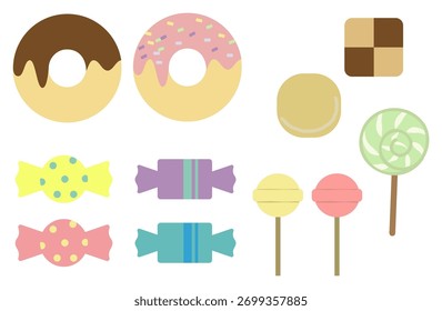 Uma variedade de ilustrações planas com vários doces.