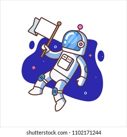 Flat illustration of astronaut on white background with flag in hand