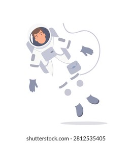 A flat illustration of an astronaut in a spacesuit with limbs and gear pieces floating separately in space