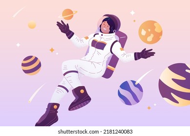 Flache Illustration der Astronautenfrau in weißer Weltraumuniform mit Planeten um die Astronautin